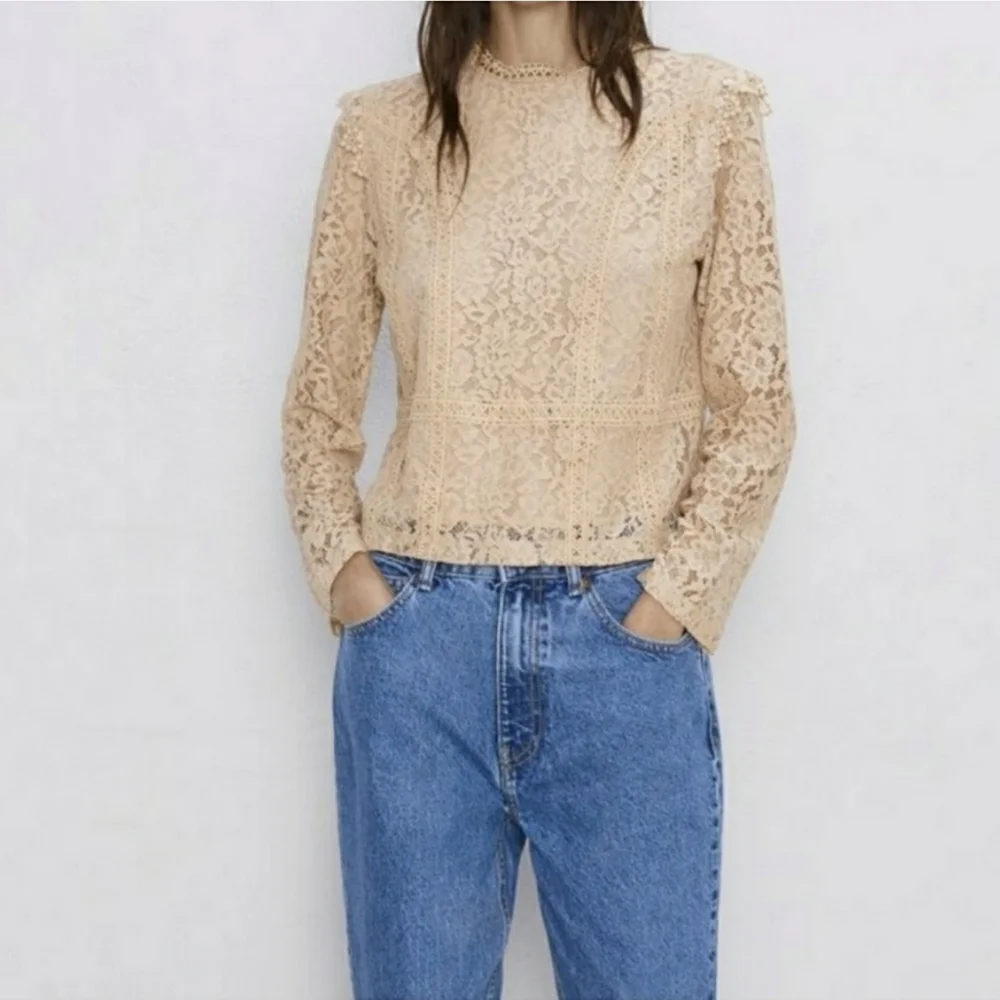 NWT Zara Long Sleeve Lace Crop Top - Picture 2 of 6